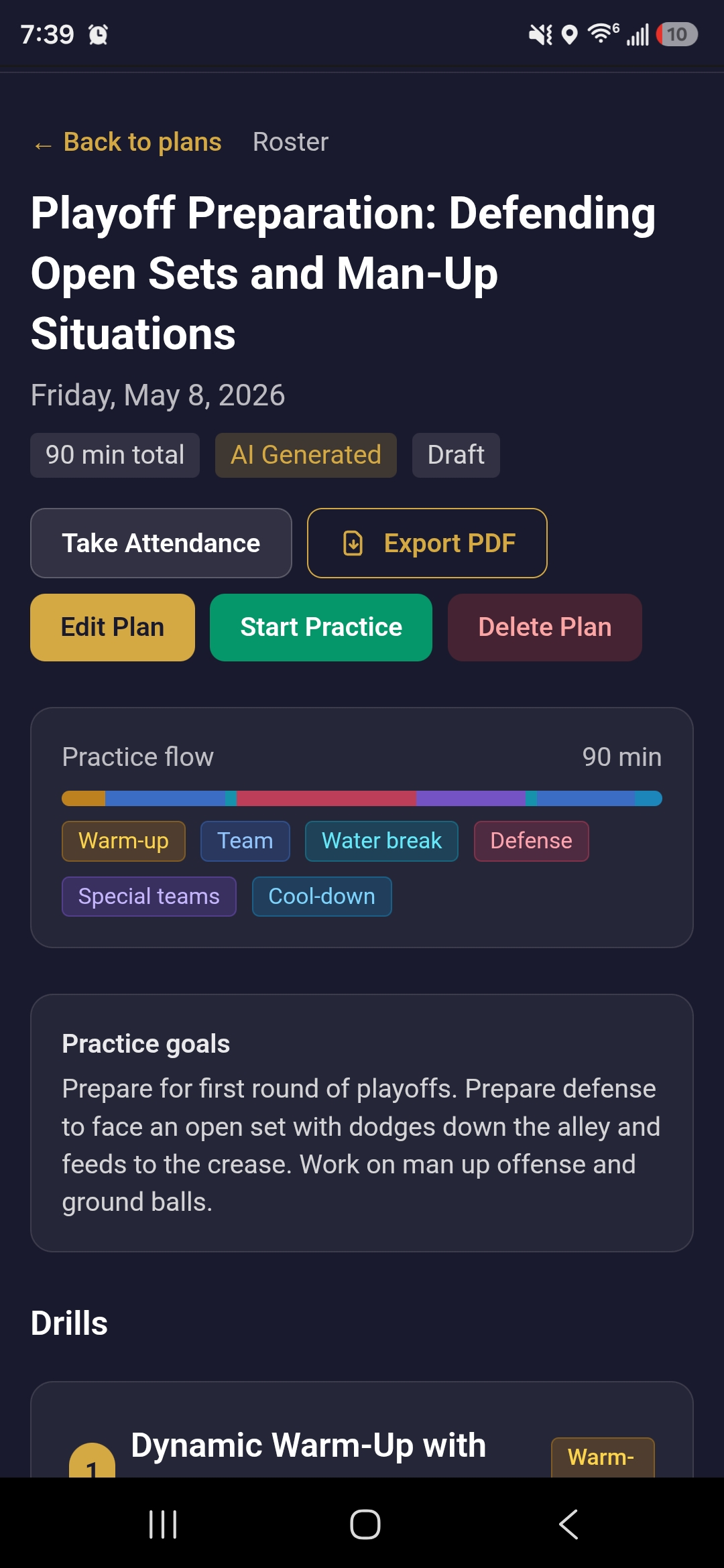 Coaches Forge practice plan with drills, timing, and practice flow